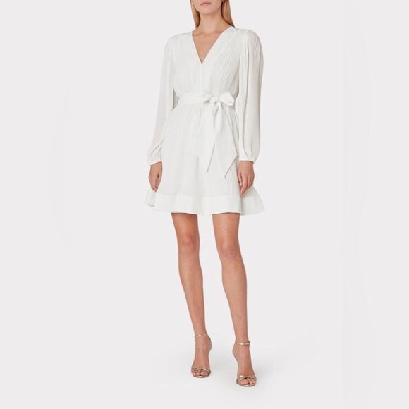 NWOT Milly Liv Long-Sleeve V-Neck Pleated Belted Mini Dress, size US0,2,4,6,